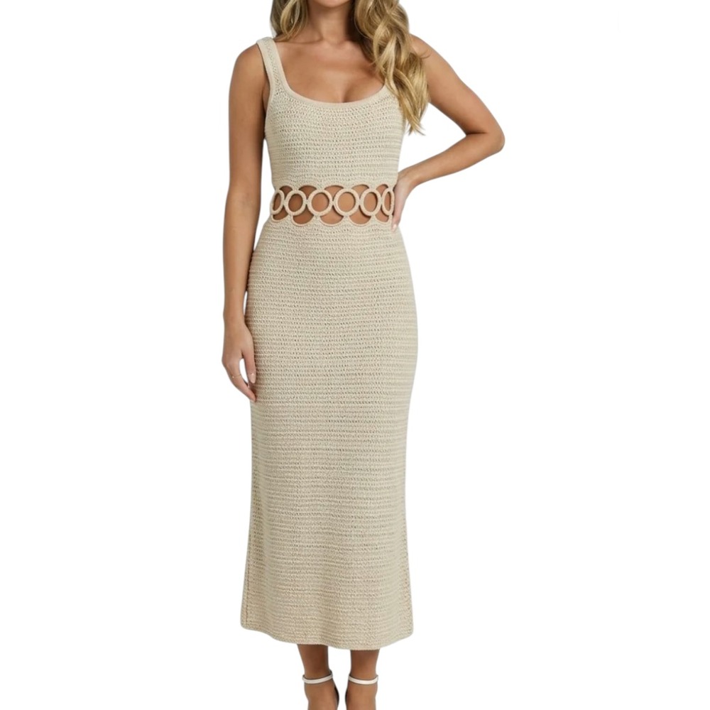 Lithologie Bali Crochet Midi Dress S Cream Ring Cutout Resort Beach NWT $118